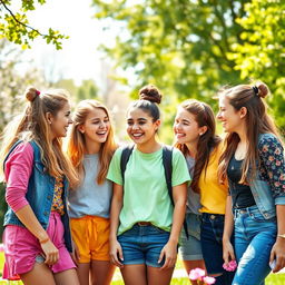 A group of teenage girls in a playful, vibrant setting, interacting joyfully with one another