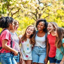 A group of teenage girls in a playful, vibrant setting, interacting joyfully with one another