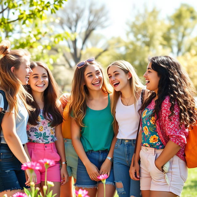 A group of teenage girls in a playful, vibrant setting, interacting joyfully with one another