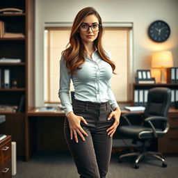 A full-body portrait of a 27-year-old Russian secretary characterized by a buxom figure and long brown hair