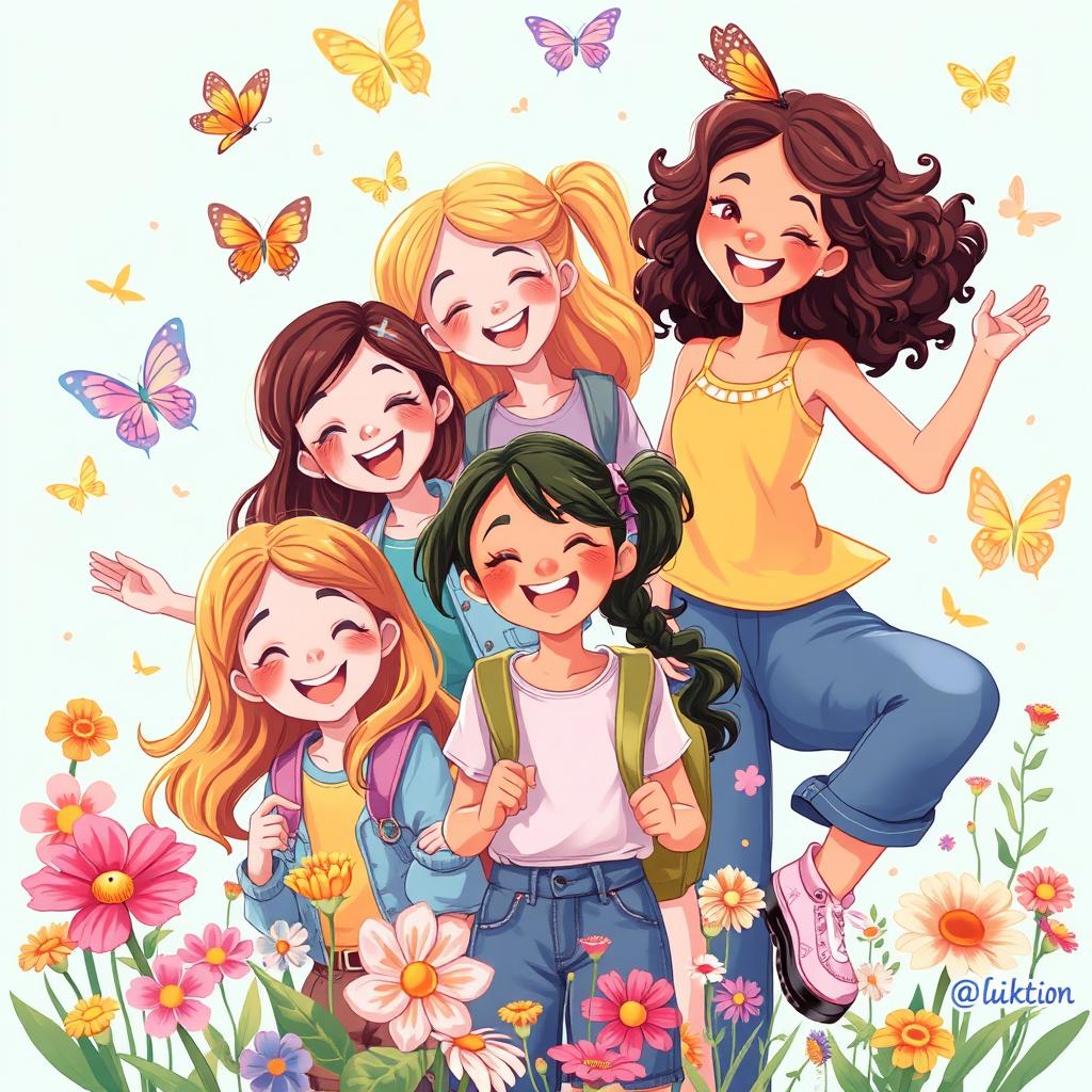 A vibrant and whimsical illustration of adolescent girls experiencing the joy and excitement of growing up