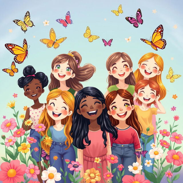 A vibrant and whimsical illustration of adolescent girls experiencing the joy and excitement of growing up