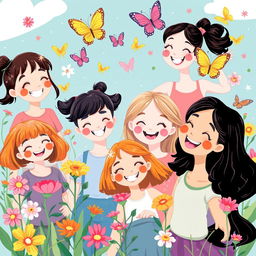 A vibrant and whimsical illustration of adolescent girls experiencing the joy and excitement of growing up