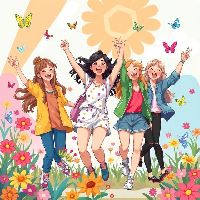 A colorful and energetic illustration of adolescent girls celebrating their exuberance and the excitement of coming into their own