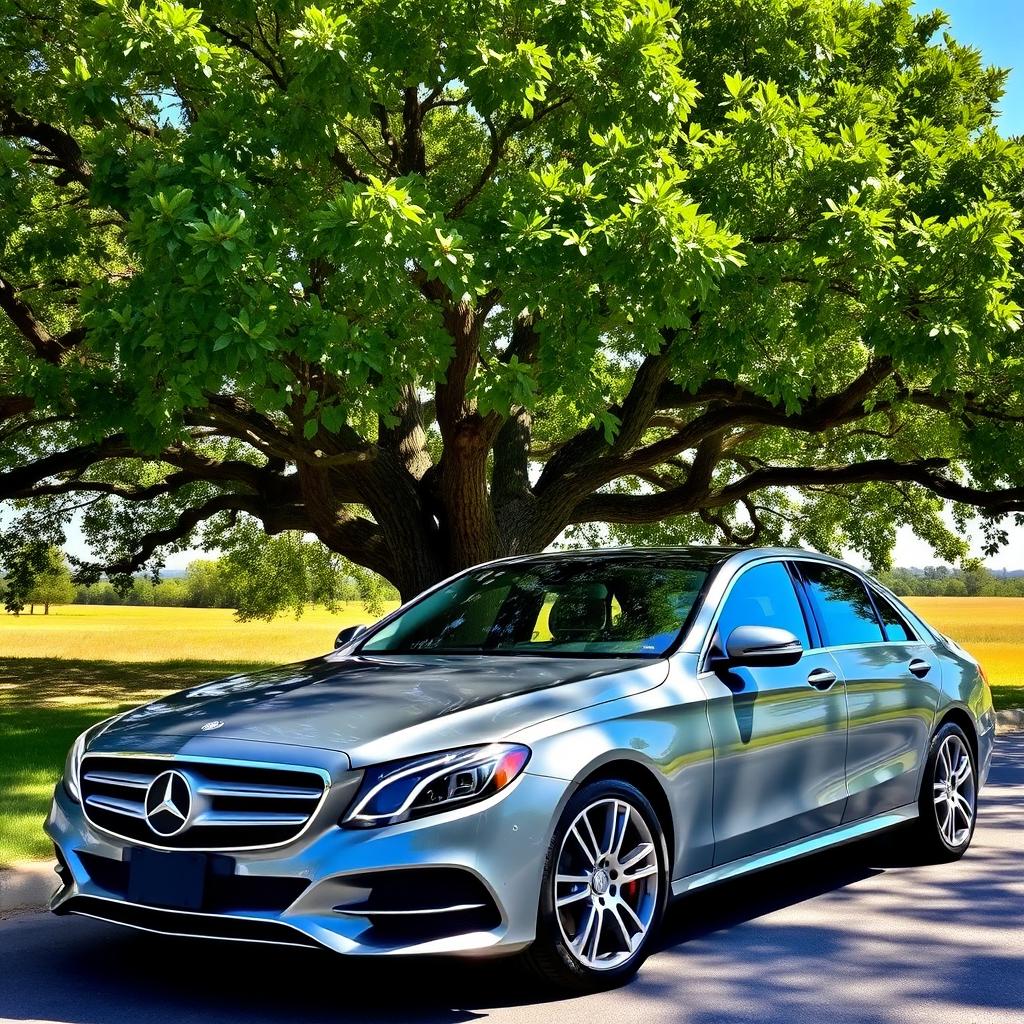 A luxurious Mercedes-Benz parked elegantly beneath a large, sprawling tree with lush green leaves