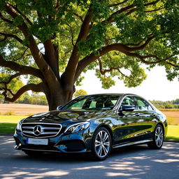 A luxurious Mercedes-Benz parked elegantly beneath a large, sprawling tree with lush green leaves