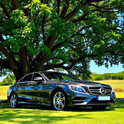 A luxurious Mercedes-Benz parked elegantly beneath a large, sprawling tree with lush green leaves