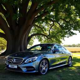A luxurious Mercedes-Benz parked elegantly beneath a large, sprawling tree with lush green leaves