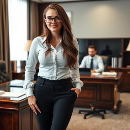 A 32-year-old Russian secretary with long brown hair and a round face, featuring freckles, stands in a boss's office