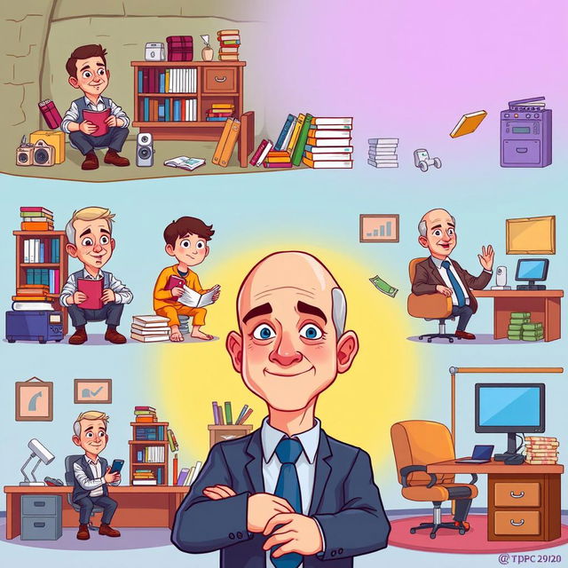 A vibrant vector-style cartoon illustrating the transformation of Jeff Bezos from poor to rich