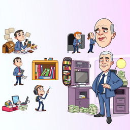 A vibrant vector-style cartoon illustrating the transformation of Jeff Bezos from poor to rich