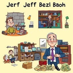 A vibrant vector-style cartoon illustrating the transformation of Jeff Bezos from poor to rich