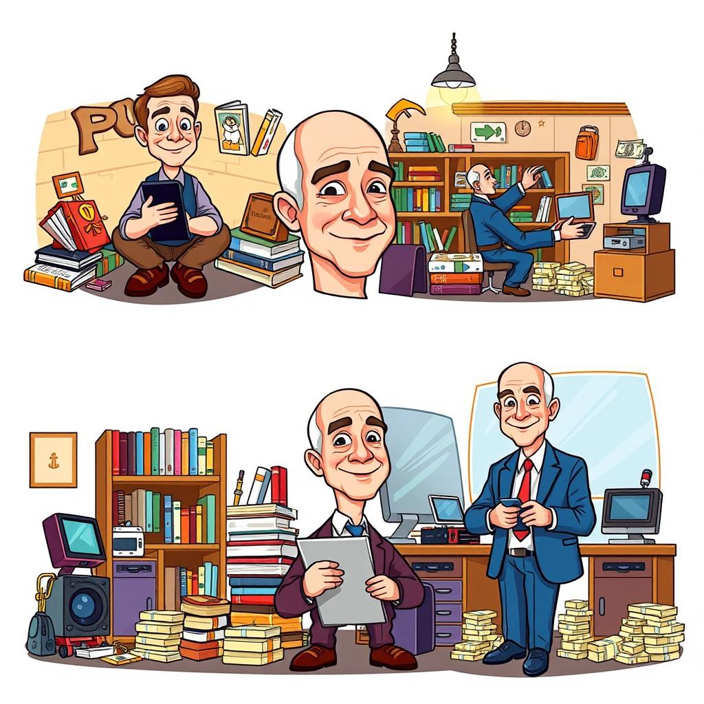 A vibrant vector-style cartoon illustrating the transformation of Jeff Bezos from poor to rich