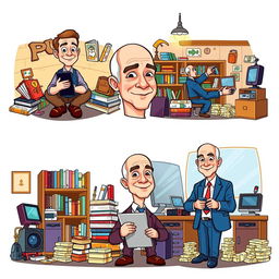 A vibrant vector-style cartoon illustrating the transformation of Jeff Bezos from poor to rich