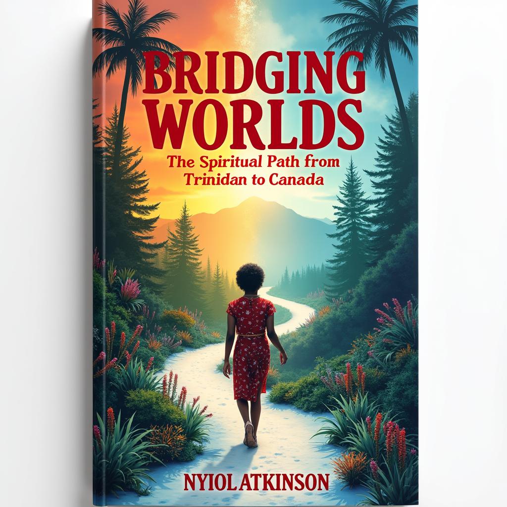 A vibrant and evocative book cover design for 'Bridging Worlds: The Spiritual Path from Trinidad to Canada' by Nyiol Atkinson