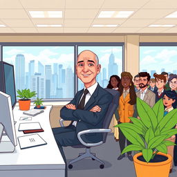A cartoon-style illustration of Jeff Bezos sitting in a modern office, exuding confidence and authority