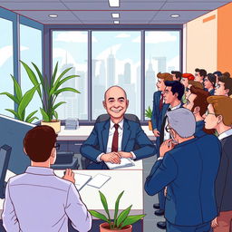 A cartoon-style illustration of Jeff Bezos sitting in a modern office, exuding confidence and authority