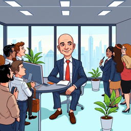A cartoon-style illustration of Jeff Bezos sitting in a modern office, exuding confidence and authority
