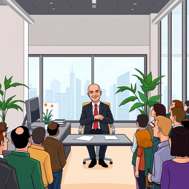 A cartoon-style illustration of Jeff Bezos sitting in a modern office, exuding confidence and authority