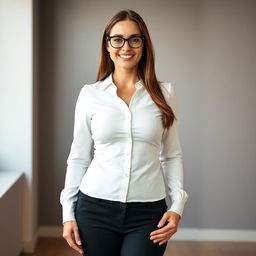 A 30-year-old Russian secretary with a buxom figure stands confidently for a head-to-toe photo