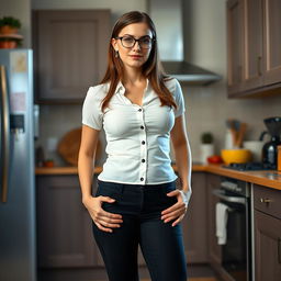A 30-year-old Russian secretary in a kitchen setting, showcasing her entire figure from head to toe
