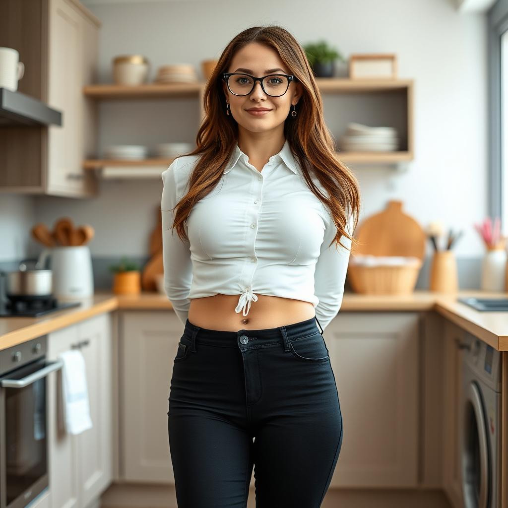 A 30-year-old Russian secretary in a kitchen setting, showcasing her entire figure from head to toe
