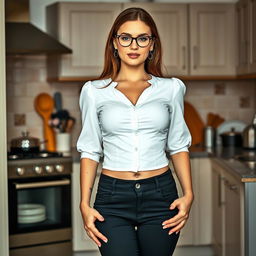 A striking image of a 31-year-old Russian woman in a kitchen setting