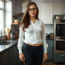 A striking image of a 31-year-old Russian woman in a kitchen setting