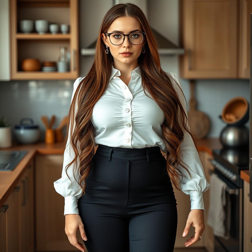 A striking image of a 31-year-old Russian woman in a kitchen setting