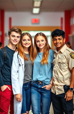 A scene featuring three people standing together