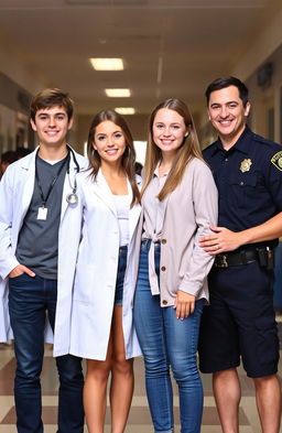 A scene featuring three people standing together