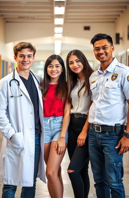 A scene featuring three people standing together