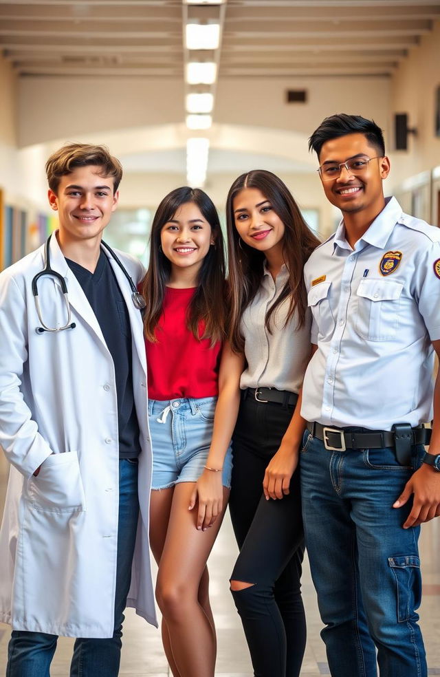 A scene featuring three people standing together