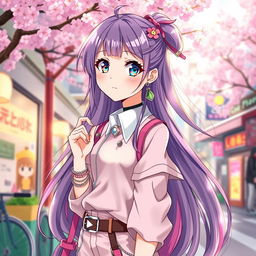 A colorful scene inspired by an Ince Girl Manhwa, featuring a fashionable girl with long, flowing hair and striking anime-style features