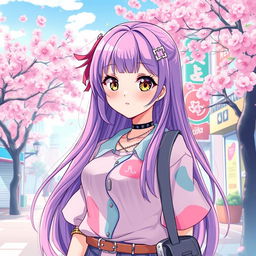 A colorful scene inspired by an Ince Girl Manhwa, featuring a fashionable girl with long, flowing hair and striking anime-style features