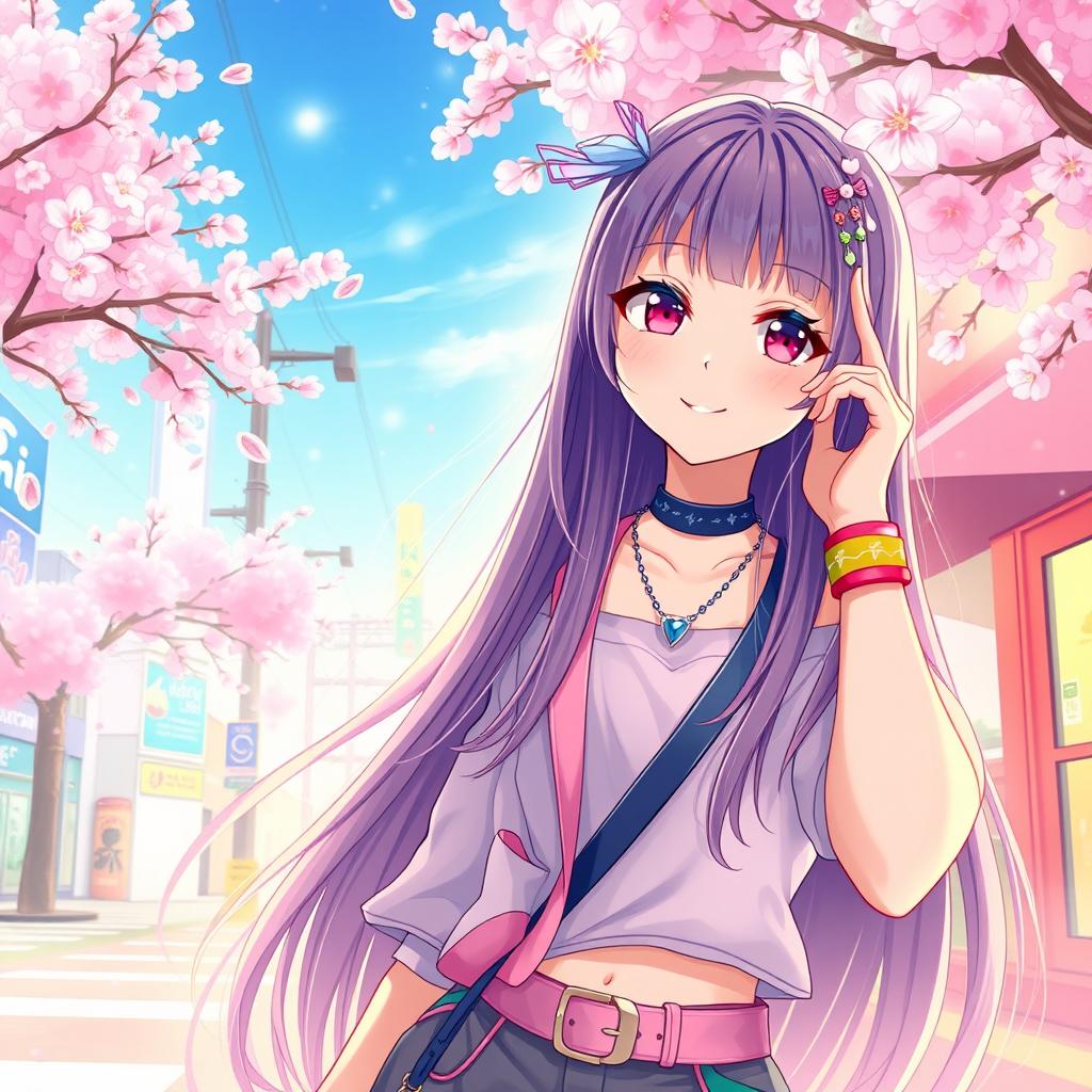 A colorful scene inspired by an Ince Girl Manhwa, featuring a fashionable girl with long, flowing hair and striking anime-style features
