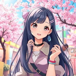 A colorful scene inspired by an Ince Girl Manhwa, featuring a fashionable girl with long, flowing hair and striking anime-style features