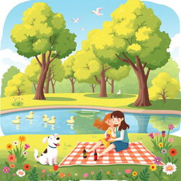 A stylized illustration of a peaceful park scene, focusing on the beauty of nature