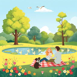 A stylized illustration of a peaceful park scene, focusing on the beauty of nature