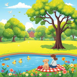 A stylized illustration of a peaceful park scene, focusing on the beauty of nature