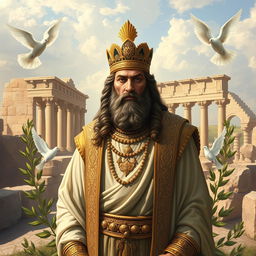 A stunning artistic representation of Cyrus the Great (Kourosh Kabir) in a traditional Persian style