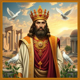 A stunning artistic representation of Cyrus the Great (Kourosh Kabir) in a traditional Persian style