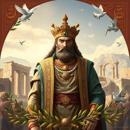 A stunning artistic representation of Cyrus the Great (Kourosh Kabir) in a traditional Persian style