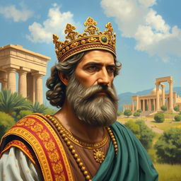 A captivating painting of Cyrus the Great (Kourosh Kabir), depicted with historical accuracy and artistic flair