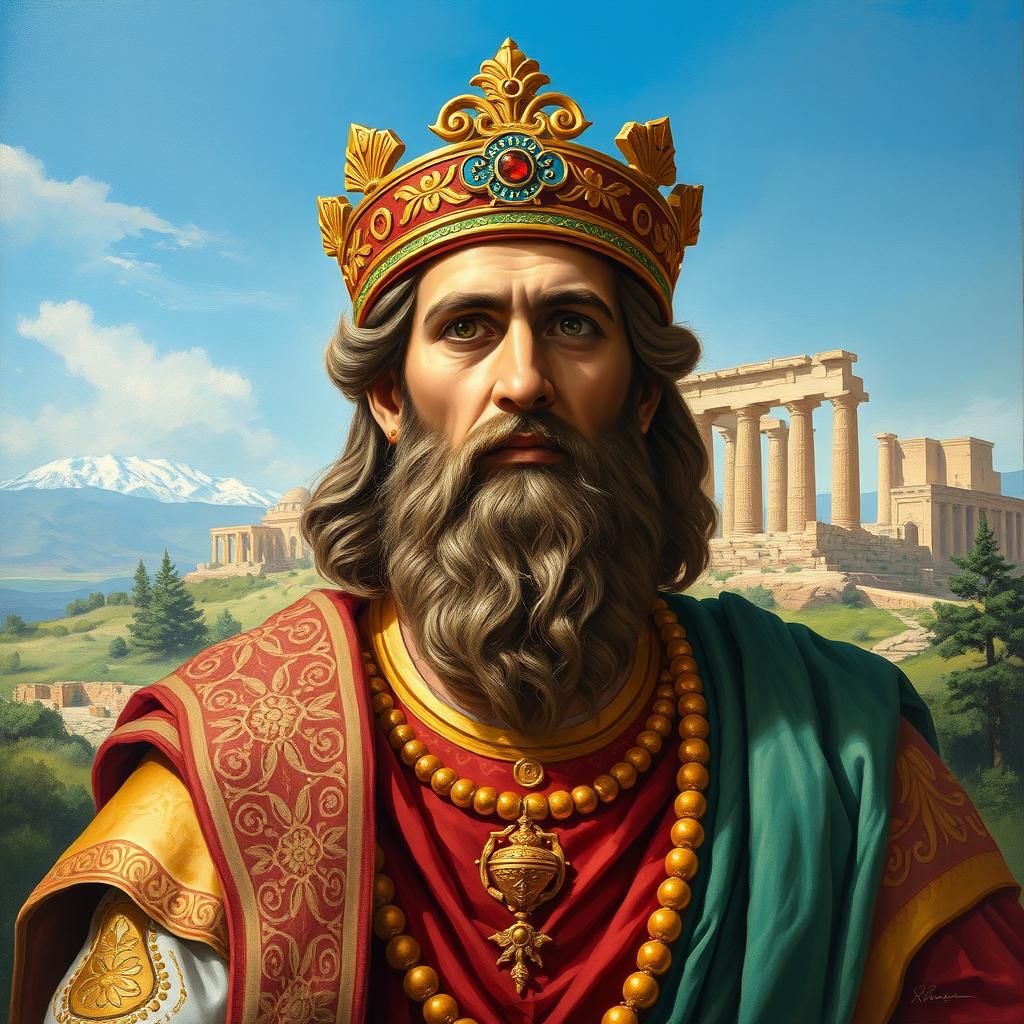 A captivating painting of Cyrus the Great (Kourosh Kabir), depicted with historical accuracy and artistic flair