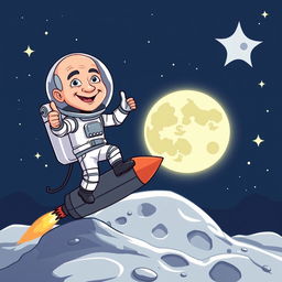 A cartoon illustration of Jeff Bezos dressed in a futuristic astronaut suit, gracefully landing on the moon's surface