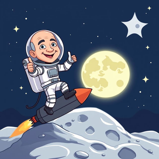 A cartoon illustration of Jeff Bezos dressed in a futuristic astronaut suit, gracefully landing on the moon's surface