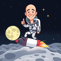 A cartoon illustration of Jeff Bezos dressed in a futuristic astronaut suit, gracefully landing on the moon's surface