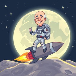 A cartoon illustration of Jeff Bezos dressed in a futuristic astronaut suit, gracefully landing on the moon's surface