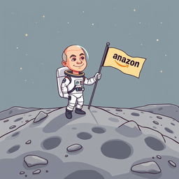 A cartoon-style illustration of Jeff Bezos, wearing a sleek astronaut suit, landing on the moon